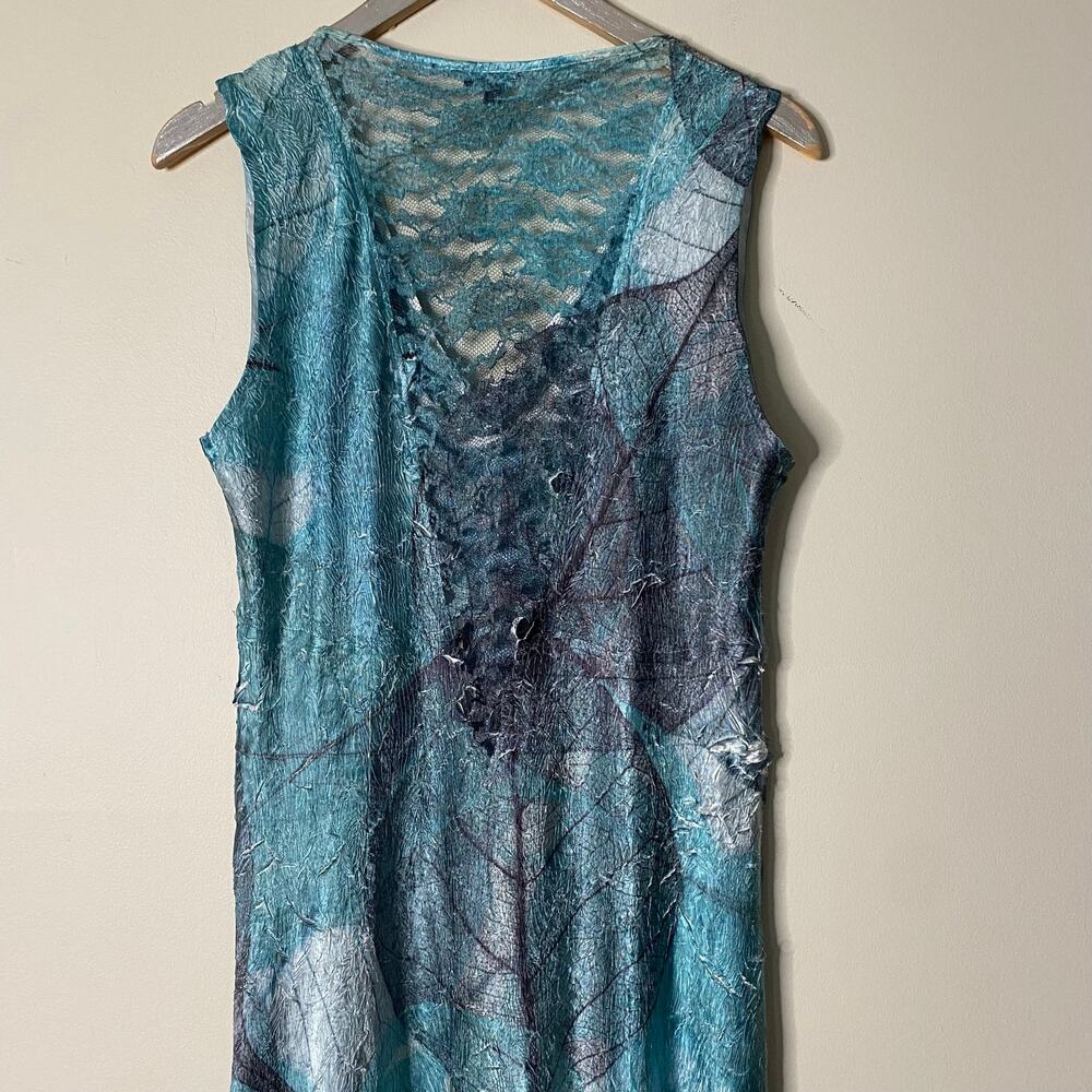 KOMAROV Crinkly Blue Green Leaf Print Lace Panel V-Neck Maxi Dress Size XL - Picture 8 of 8